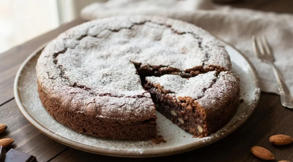 Torta Caprese pronta da servire Torta caprese al cioccolato e mandorle con spolverata di zucchero a velo e una fetta tagliata su un piatto di ceramica.