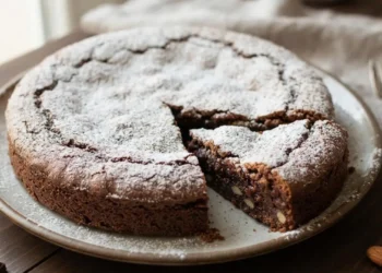 Torta caprese al cioccolato e mandorle con spolverata di zucchero a velo e una fetta tagliata su un piatto di ceramica.