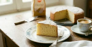 Fetta di Torta Margherita altissima e soffice spolverata con zucchero a velo, servita su un piatto elegante accanto a una tazzina di caffè su un tavolo in legno rustico.