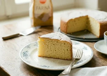Fetta di Torta Margherita altissima e soffice spolverata con zucchero a velo, servita su un piatto elegante accanto a una tazzina di caffè su un tavolo in legno rustico.