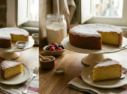 Fetta di Torta Sabbiosa soffice su un piatto di ceramica con zucchero a velo, server d'argento e ciotola di frutti di bosco e miele sul tavolo di legno rustic.