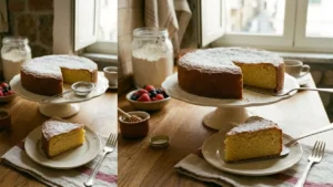 Fetta di Torta Sabbiosa soffice su un piatto di ceramica con zucchero a velo, server d'argento e ciotola di frutti di bosco e miele sul tavolo di legno rustic.