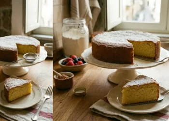 Fetta di Torta Sabbiosa soffice su un piatto di ceramica con zucchero a velo, server d'argento e ciotola di frutti di bosco e miele sul tavolo di legno rustic.