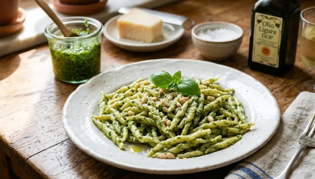 Piatto di trofie fresche condite con vero pesto alla genovese, guarnito con pinoli e foglie di basilico, accanto a una bottiglia di olio ligure DOP.