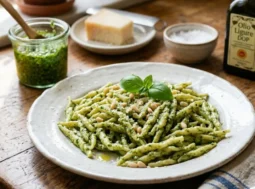 Piatto di trofie fresche condite con vero pesto alla genovese, guarnito con pinoli e foglie di basilico, accanto a una bottiglia di olio ligure DOP.