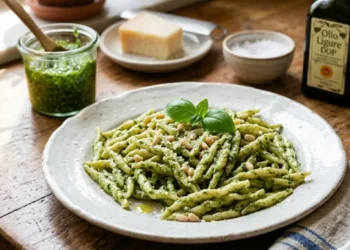 Piatto di trofie fresche condite con vero pesto alla genovese, guarnito con pinoli e foglie di basilico, accanto a una bottiglia di olio ligure DOP.