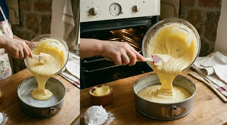 Imburrate e infarinate una tortiera, versate il composto al suo interno e cuocete in forno preriscaldato a 180 °C per circa mezz’ora. Per verificare la cottura potete fare la prova dello stecchino. Una volta che la torta è cotta, tiratela fuori dal forno, lasciatela raffreddare e spolverizzate la superficie con dello zucchero a velo.