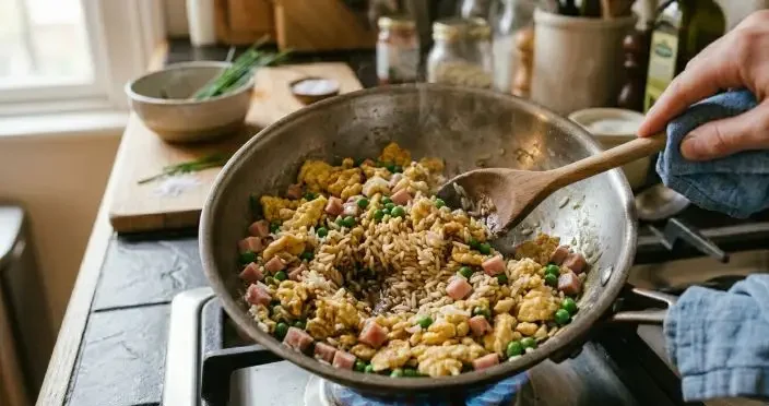 In un wok fate soffriggere per pochi istanti i dadini di prosciutto cotto in un cucchiaio di olio, aggiungete i piselli e le uova. Una volta che il riso è cotto versatelo nel wok, aggiungete un cucchiaio di salsa di soia, mescolate bene e fate cuocere il tutto per un paio di minuti. Servite immediatamente.