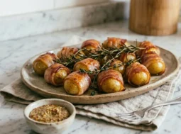 Bocconcini di patate e pancetta: il piatto pronto da servire Piatto da portata rustico con bocconcini di patate avvolti nella pancetta croccante, guarniti con rosmarino fresco e serviti con salsa alla senape.