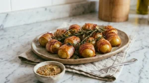 Piatto da portata rustico con bocconcini di patate avvolti nella pancetta croccante, guarniti con rosmarino fresco e serviti con salsa alla senape.