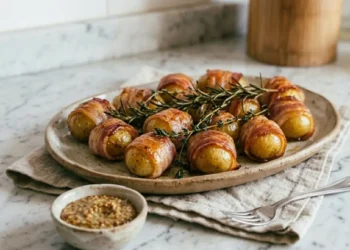 Piatto da portata rustico con bocconcini di patate avvolti nella pancetta croccante, guarniti con rosmarino fresco e serviti con salsa alla senape.