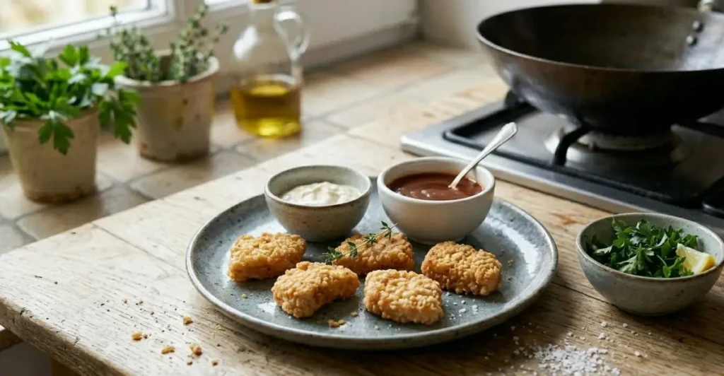 Presentazione finale di bocconcini di pollo fritti dorati e croccanti su un piatto grigio, serviti con ciotoline di salsa barbecue e maionese, guarniti con timo fresco su un tavolo di legno.