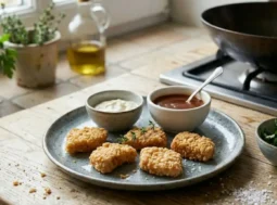 Presentazione finale di bocconcini di pollo fritti dorati e croccanti su un piatto grigio, serviti con ciotoline di salsa barbecue e maionese, guarniti con timo fresco su un tavolo di legno.