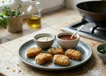 Presentazione finale di bocconcini di pollo fritti dorati e croccanti su un piatto grigio, serviti con ciotoline di salsa barbecue e maionese, guarniti con timo fresco su un tavolo di legno.