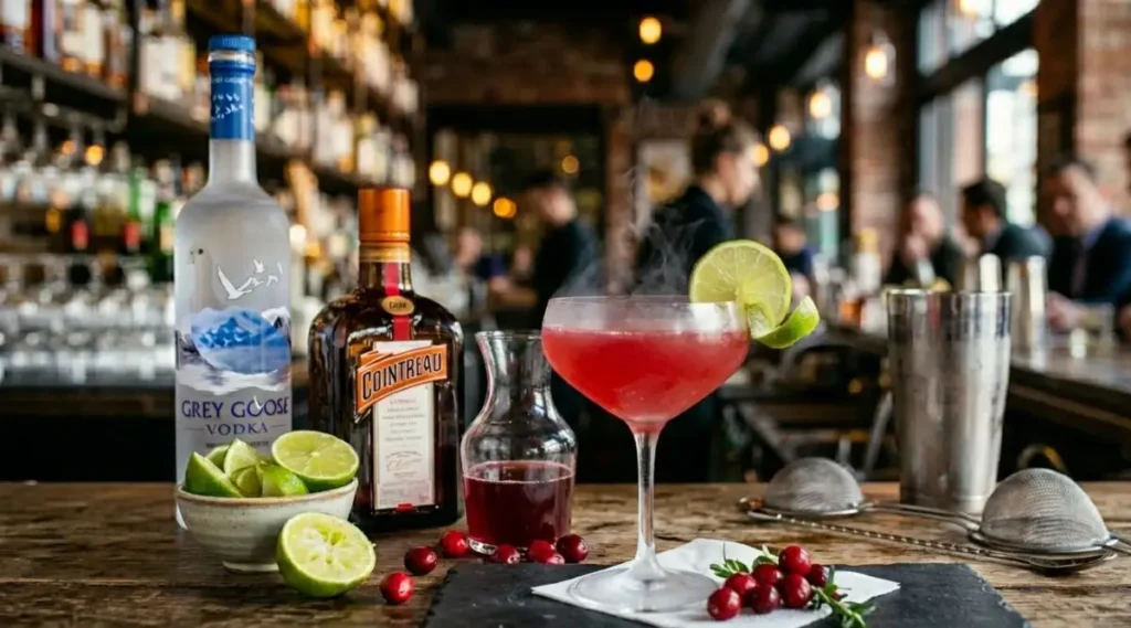 Un cocktail Cosmopolitan pronto da servire in una coppa grande, decorato con una fetta di lime sul bordo, posizionato su un bancone in legno con ingredienti sullo sfondo.