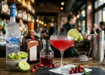 Un cocktail Cosmopolitan pronto da servire in una coppa grande, decorato con una fetta di lime sul bordo, posizionato su un bancone in legno con ingredienti sullo sfondo.