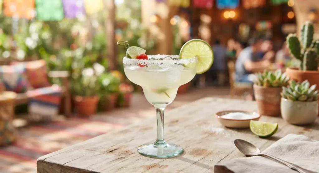 Un bicchiere di cocktail Margarita originale con bordo di sale, fette di lime e ghiaccio su un tavolo in legno, pronto da servire.