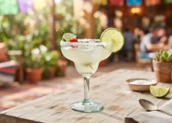 Un bicchiere di cocktail Margarita originale con bordo di sale, fette di lime e ghiaccio su un tavolo in legno, pronto da servire.
