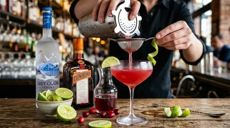 Versate il contenuto dello shaker, filtrandolo, in una coppa Martini ben ghiacciata o in altra coppa per cocktail ben ampia. Decorate con una fettina di lime o con una scorza di limone o lime e servite.