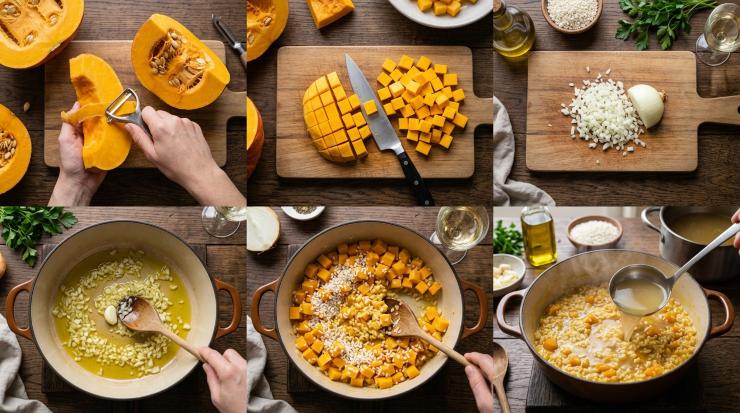 Pulite la zucca sia dalla buccia esterna che dai filamenti e semi interni, dopodiché tagliatela a dadini. Tritate finemente la cipolla. In una pentola capiente fate soffriggere la cipolla tritata e lo spicchio di aglio in un cucchiaio di olio extravergine di oliva, aggiungete la zucca a dadini e il riso. Mescolate bene per un paio di minuti circa, eliminate l’aglio, sfumate con il vino bianco e aggiungete qualche mestolo di brodo.