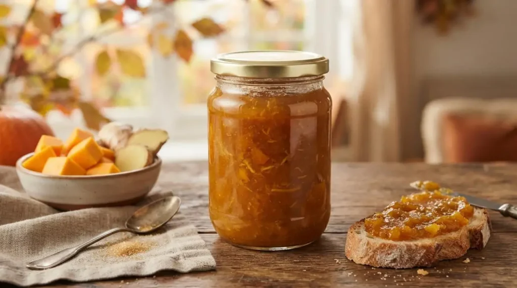 Vasetto di confettura di zucca e zenzero artigianale su tavolo rustico in legno, accompagnato da una fetta di pane con marmellata e ciotola con pezzi di zucca fresca e zenzero.