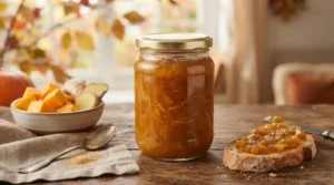 Vasetto di confettura di zucca e zenzero artigianale su tavolo rustico in legno, accompagnato da una fetta di pane con marmellata e ciotola con pezzi di zucca fresca e zenzero.