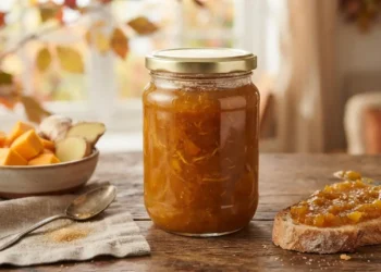 Vasetto di confettura di zucca e zenzero artigianale su tavolo rustico in legno, accompagnato da una fetta di pane con marmellata e ciotola con pezzi di zucca fresca e zenzero.