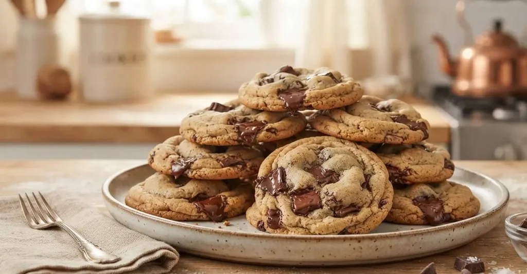 Piatto con cookies americani morbidi con pezzetti di cioccolato fondente pronti da servire