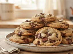 Cookies americani con pezzetti di cioccolato pronti da servire Piatto con cookies americani morbidi con pezzetti di cioccolato fondente pronti da servire