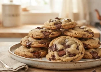 Piatto con cookies americani morbidi con pezzetti di cioccolato fondente pronti da servire