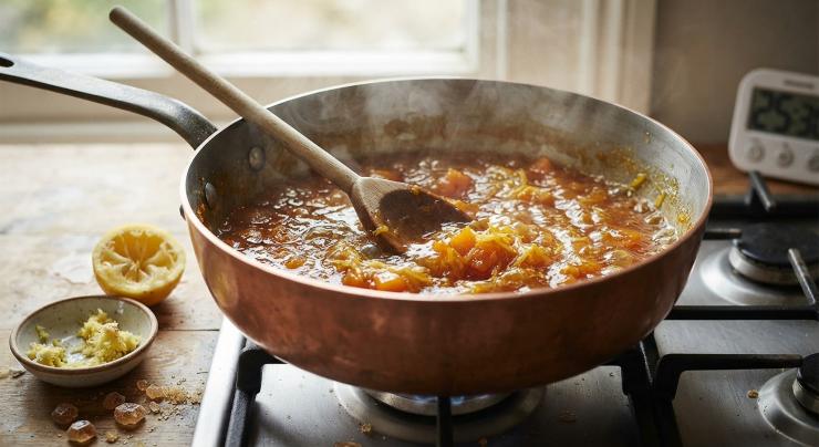 Una volta trascorse le tre ore, versate il composto di zucca, succo di limone e zucchero in una casseruola. Aggiungete lo zenzero grattugiato, mescolate bene e portate il tutto ad ebollizione. Una volta che il composto inizierà a bollire abbassate la fiamma e continuate a cuocere il tutto mescolando continuamente per circa 40 minuti, o comunque fino a quando il composto non si sarà addensato.