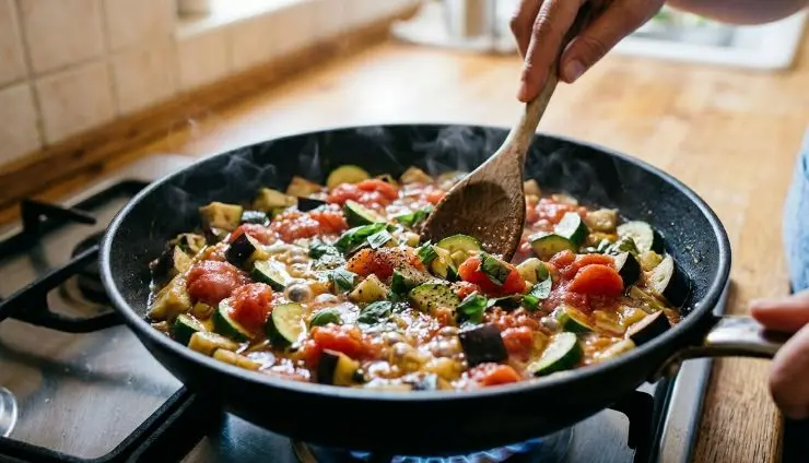 In una padella antiaderente versate un cucchiaio di olio, unite la cipolla e fate soffriggere per un paio di minuti. Unite le melanzane e le zucchine, fate rosolare per pochi minuti e poi unite i pomodori pelati a pezzetti. Salate e fate cuocere per circa 15 minuti, ricordandovi a fine cottura di aggiungere il prezzemolo fresco tritato.