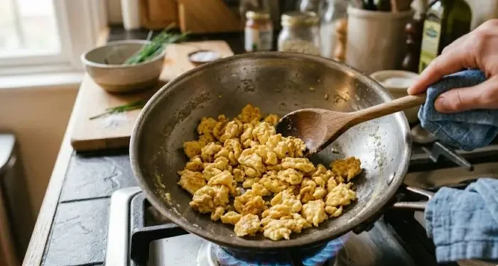 Sbattete bene le uova, aggiungete un pizzico di sale e cuocetele in una padella antiaderente. Per evitare di fare la classica frittata, con un cucchiaio di legno mescolate l’uovo durante la cottura in modo tale da ottenere dei pezzettini di frittata ben cotti.