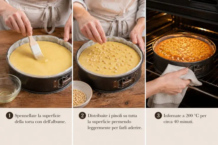 Spennellate la superficie della torta con dell’albume, distribuite i pinoli su tutta la superficie premendo leggermente per farli aderire e infornate a 200 °C per circa 40 minuti. Una volta che la torta è cotta lasciatela raffreddare e spolverate la superficie con dello zucchero a velo.
