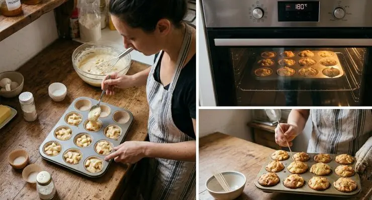 Prendete degli stampini per muffin o dei pirottini (con queste dosi ne servono circa 8-12, a seconda del diametro) e riempiteli con l’impasto per 2/3 della loro capacità. Se non utilizzate i pirottini ma preferite gli stampini abbiate cura di imburrarli e infarinarli prima di versare il composto al loro interno. Infornate a 180 °C per circa 10-15 minuti. Per verificare la cottura potete fare la prova dello stecchino infilando uno stuzzicandenti lungo in uno dei muffin: se risulta pulito i dolcetti sono pronti, in caso contrario devono cuocere ancora.
