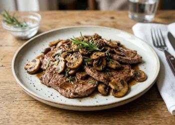 Piatto di fettine di manzo con funghi champignon e rosmarino pronte da gustare