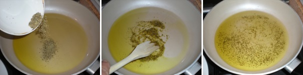 Contemporaneamente in un’altra padella antiaderente versate 2 cucchiai di olio extravergine di oliva ed unite 1 cucchiaino di rosmarino secco. Mescolate bene e lasciate scaldare l’olio in modo che si insaporisca con il rosmarino.
 