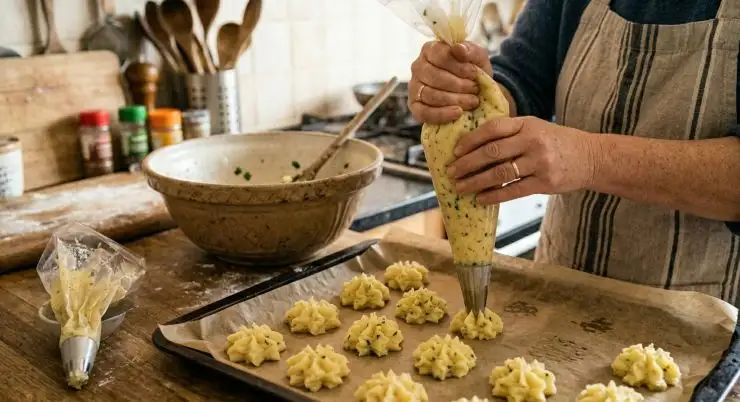 Trasferite il composto in una sac-à-poche con bocchetta a stella e create dei ciuffetti di circa 5 centimetri di diametro su una placca da forno rivestita di carta da forno. Infornate a 200 °C per circa 15 minuti, o comunque fino a quando le patate duchesse non risulteranno dorate. Servite calde o tiepide.
