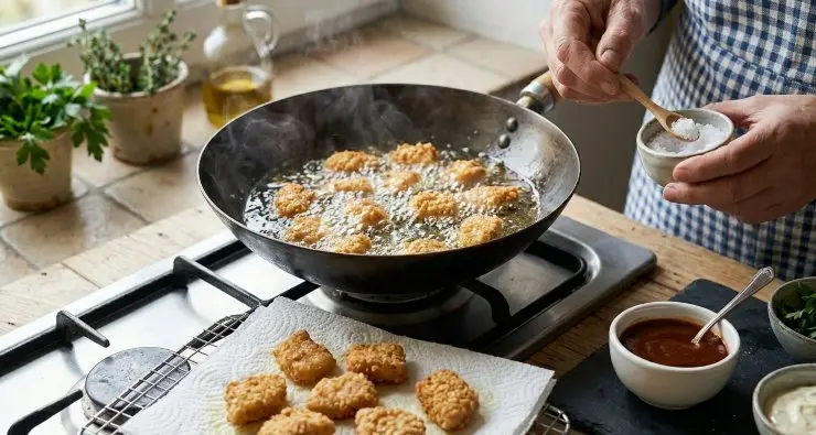 Friggete i bocconcini di pollo in abbondante olio di semi (o di oliva se preferite) ben caldo. Una volta che risultano cotti e dorati, poneteli su della carta assorbente da cucina, salate e servite ben caldi, accompagnati da una o più salse.
