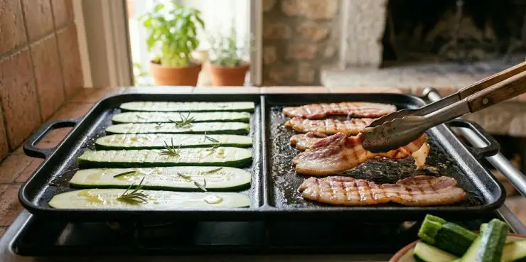 Grigliate le fette di zucchine e successivamene grigliate le fette di pancetta.