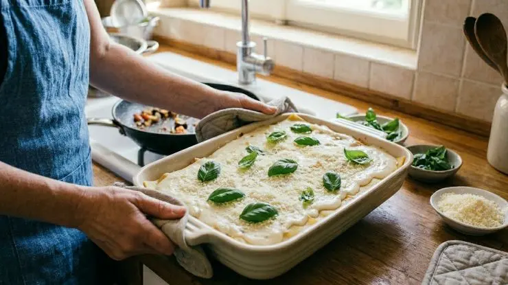In una pirofila da forno versate un filo di olio, tre cucchiai di besciamella e stendetela bene il tutto sul fondo. Adagiatevi sopra uno strato di lasagne, ricopritelo con della besciamella, poi con un paio di cucchiai di verdure e infine cosparge il tutto con un velo di formaggio grattugiato. Infornate a 180 °C per circa 40-45 minuti, avendo cura di coprire con un foglio di alluminio le lasagne per i primi 30 minuti di cottura.