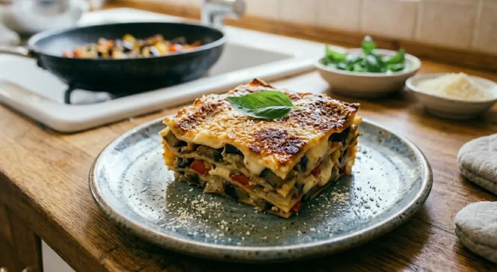 Lasagne alle verdure e besciamella pronte da servire Una porzione di lasagna vegetariana calda servita su un piatto bianco, con strati visibili di sfoglia, besciamella e verdure, completata da una crosticina dorata in superficie.