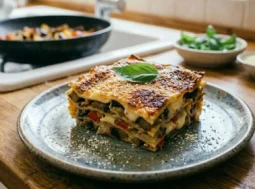 Una porzione di lasagna vegetariana calda servita su un piatto bianco, con strati visibili di sfoglia, besciamella e verdure, completata da una crosticina dorata in superficie.