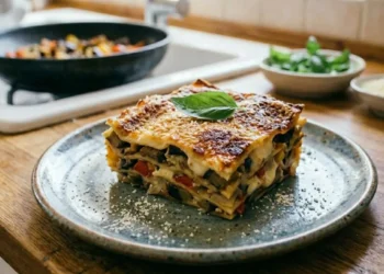 Una porzione di lasagna vegetariana calda servita su un piatto bianco, con strati visibili di sfoglia, besciamella e verdure, completata da una crosticina dorata in superficie.