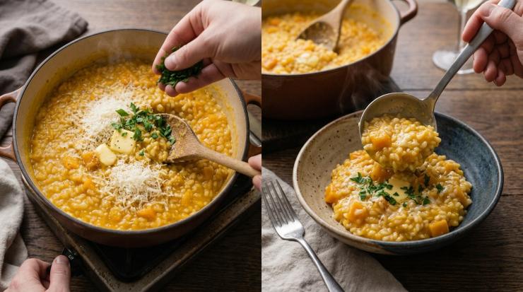 Una volta che il riso è cotto, spegnete il fuoco, aggiungete il formaggio grattugiato, il burro e qualche foglia di prezzemolo tritato. Mescolate bene il tutto e servite il risotto ben caldo.