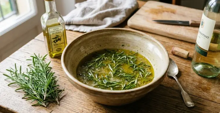 In una ciotola capiente versate il vino bianco, due cucchiai di olio extravergine di oliva e il rosmarino. Mescolate bene.