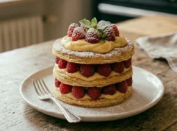Millefoglie ai lamponi: il dessert perfetto. Millefoglie monoporzione composta da tre dischi di sfoglia dorata, crema pasticcera e lamponi freschi, spolverizzata con zucchero a velo e servita su un piatto bianco.