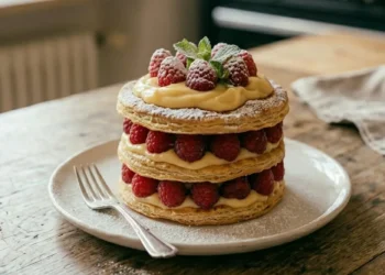 Millefoglie monoporzione composta da tre dischi di sfoglia dorata, crema pasticcera e lamponi freschi, spolverizzata con zucchero a velo e servita su un piatto bianco.