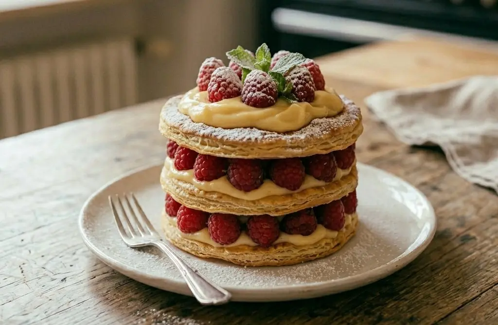 Millefoglie monoporzione composta da tre dischi di sfoglia dorata, crema pasticcera e lamponi freschi, spolverizzata con zucchero a velo e servita su un piatto bianco.