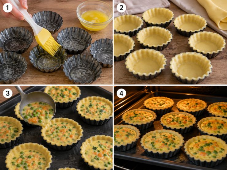 Spennellate con del burro fuso l’interno di una decina di stampini per crostatine, faremo delle piccole quiche di verdure, e rivestiteli con la pasta brisè che avete preparato precedentemente o comprata al supermercato. Distribuite al loro interno il composto di uova, panna e verdure. Disponete gli stampini su di una teglia da forno e infornateli in forno preriscaldato a 190 °C per 20 minuti circa.